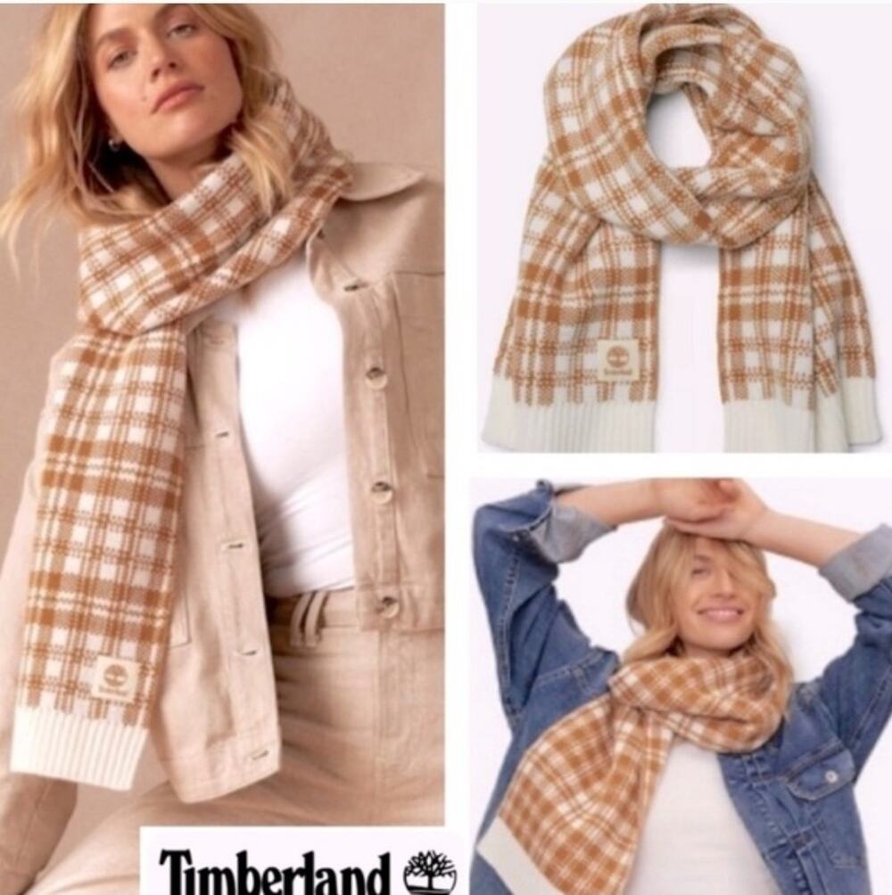NWT Timberland Buffalo Plaid Scarf Nature Needs Heroes 68"x10" White/Camel Tan